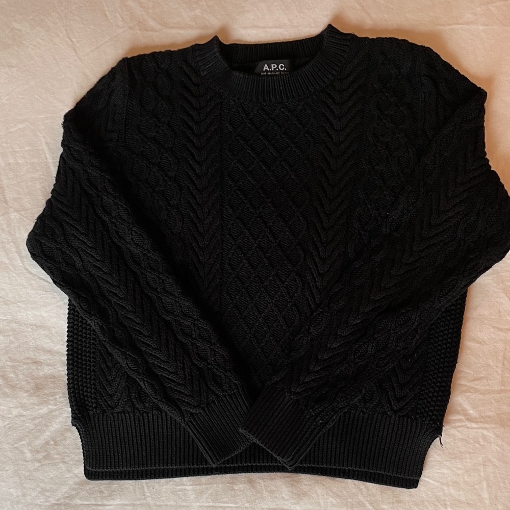 A.P.C. Women’s silk/cotton blend navy Cable-Knit Crewneck Sweater.